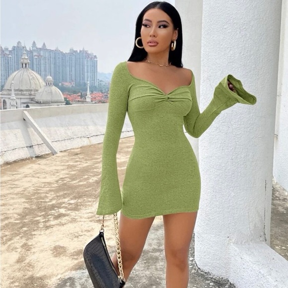 Sexy Green Dress Flounce Sleeve Sweetheart Neckline Bodycon Small S - Picture 2 of 5